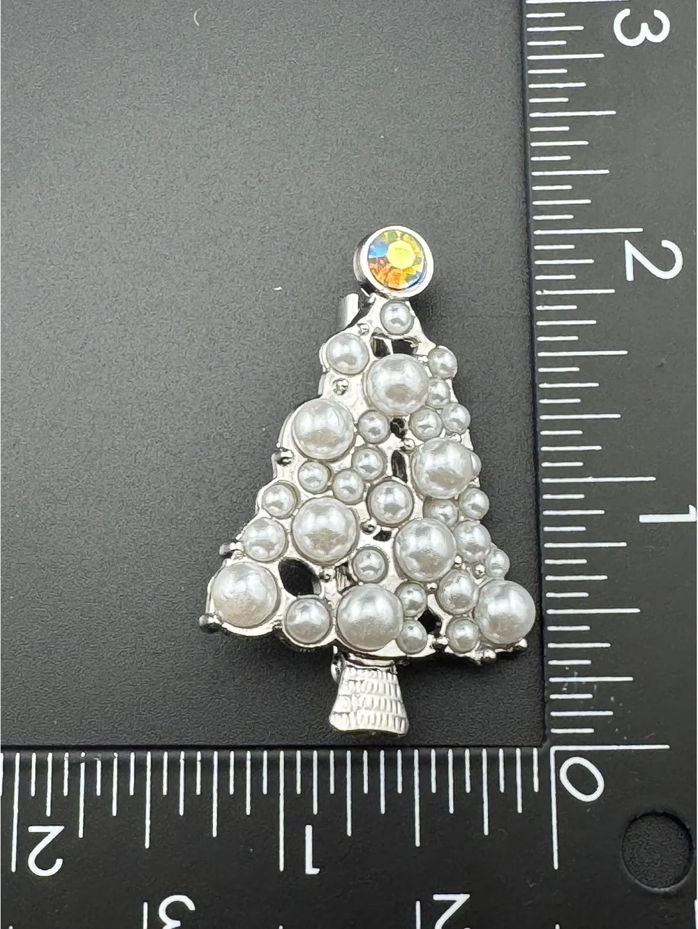 Christmas Tree Brooch White Pearl and Iridescent Crystal Top